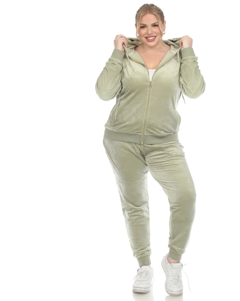 Front of a model wearing a size 2X Plus Size 2-Pc Velour Tracksuit Set in Sage by White Mark. | dia_product_style_image_id:320040